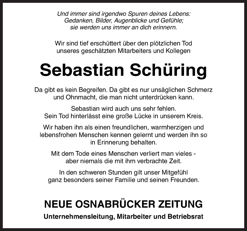  Traueranzeige für Sebastian Schüring vom 31.12.2016 aus Neue Osnabrücker Zeitung GmbH & Co. KG
