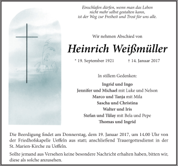 Traueranzeige von Heinrich Weißmüller von Neue Osnabrücker Zeitung GmbH & Co. KG