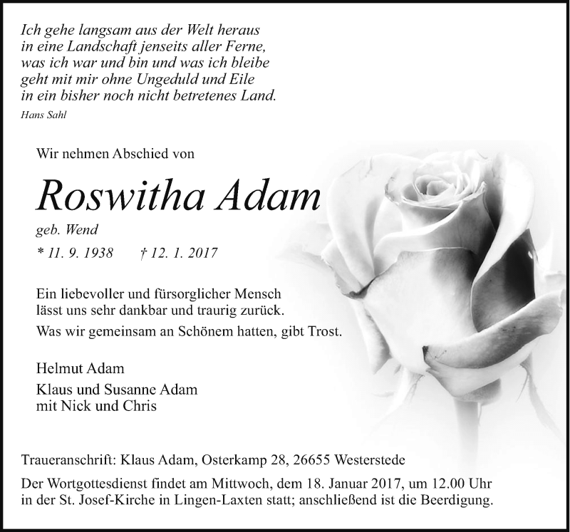  Traueranzeige für Roswitha Adam vom 16.01.2017 aus Neue Osnabrücker Zeitung GmbH & Co. KG