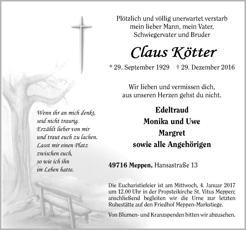  Traueranzeige für Claus Kötter vom 31.12.2016 aus Neue Osnabrücker Zeitung GmbH & Co. KG