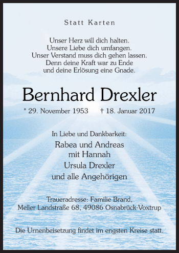 Traueranzeige von Bernhard Drexler von Neue Osnabrücker Zeitung GmbH & Co. KG