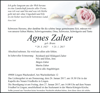 Traueranzeige von Agnes Zalter von Neue Osnabrücker Zeitung GmbH & Co. KG