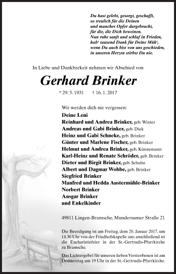 Traueranzeige von Gerhard Brinker von Neue Osnabrücker Zeitung GmbH & Co. KG