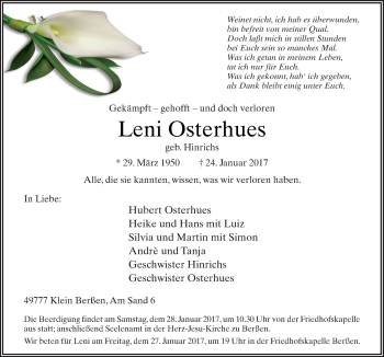 Traueranzeige von Leni Osterhues von Neue Osnabrücker Zeitung GmbH & Co. KG