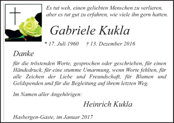 Traueranzeige von Gabriele Kukla von Neue Osnabrücker Zeitung GmbH & Co. KG