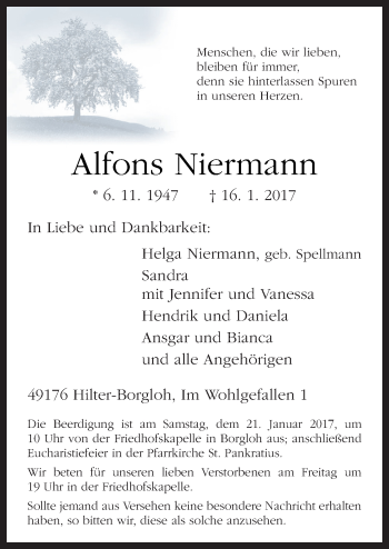 Traueranzeige von Alfons Niermann von Neue Osnabrücker Zeitung GmbH & Co. KG