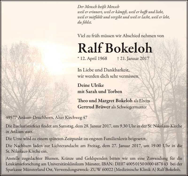  Traueranzeige für Ralf Bokeloh vom 24.01.2017 aus Neue Osnabrücker Zeitung GmbH & Co. KG