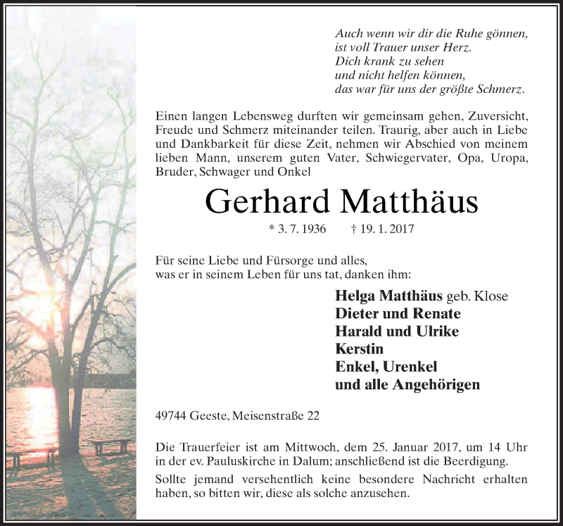 Traueranzeigen von Gerhard Matthäus noz Trauerportal