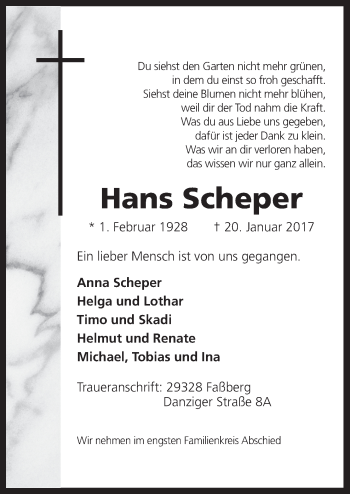 Traueranzeige von Hans Scheper von Neue Osnabrücker Zeitung GmbH & Co. KG