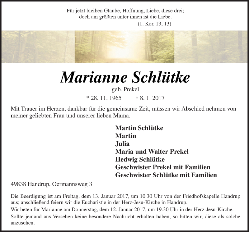  Traueranzeige für Marianne Schlütke vom 11.01.2017 aus Neue Osnabrücker Zeitung GmbH & Co. KG