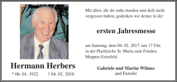 Traueranzeige von Hermann Herbers von Neue Osnabrücker Zeitung GmbH & Co. KG