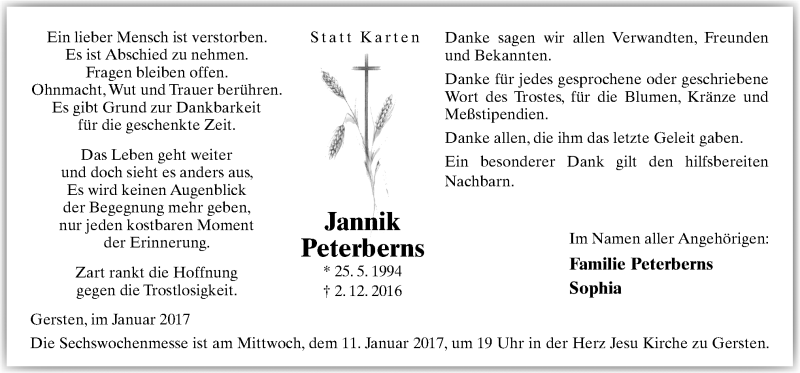  Traueranzeige für Jannik Peterberns vom 07.01.2017 aus Neue Osnabrücker Zeitung GmbH & Co. KG
