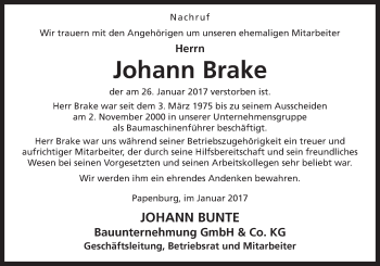 Traueranzeige von Johann Brake von Neue Osnabrücker Zeitung GmbH & Co. KG