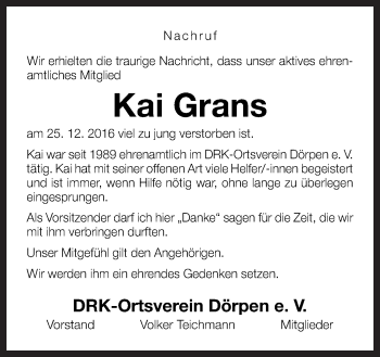 Traueranzeige von Kai Grans von Neue Osnabrücker Zeitung GmbH & Co. KG