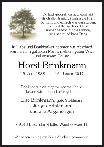 Traueranzeige von Horst Brinkmann von Neue Osnabrücker Zeitung GmbH & Co. KG
