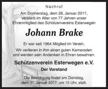 Traueranzeige von Johann Brake von Neue Osnabrücker Zeitung GmbH & Co. KG