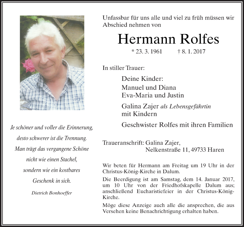  Traueranzeige für Hermann Rolfes vom 11.01.2017 aus Neue Osnabrücker Zeitung GmbH & Co. KG