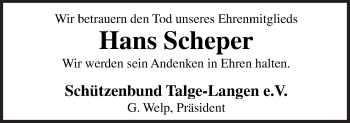 Traueranzeige von Hans Scheper von Neue Osnabrücker Zeitung GmbH & Co. KG