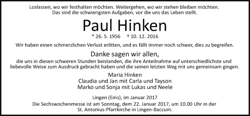  Traueranzeige für Paul Hinken vom 18.01.2017 aus Neue Osnabrücker Zeitung GmbH & Co. KG
