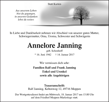 Traueranzeige von Annelore Janning von Neue Osnabrücker Zeitung GmbH & Co. KG