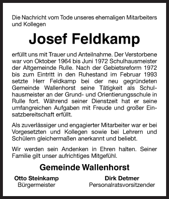 Traueranzeige von Josef Feldkamp von Neue Osnabrücker Zeitung GmbH & Co. KG