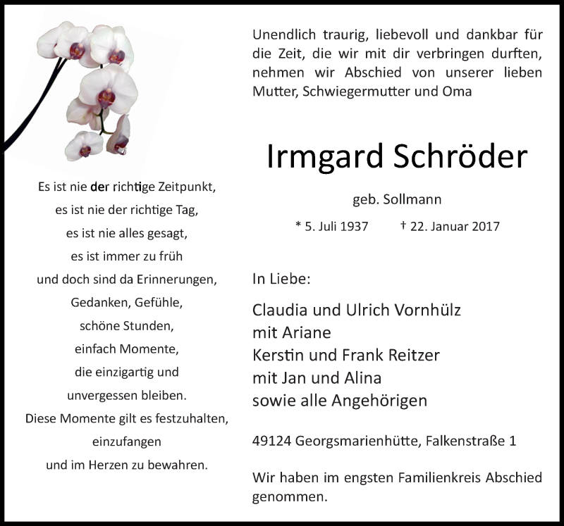  Traueranzeige für Irmgard Schröder vom 28.01.2017 aus Neue Osnabrücker Zeitung