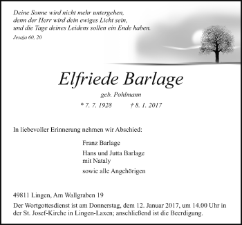Traueranzeige von Elfriede Barlage von Neue Osnabrücker Zeitung GmbH & Co. KG