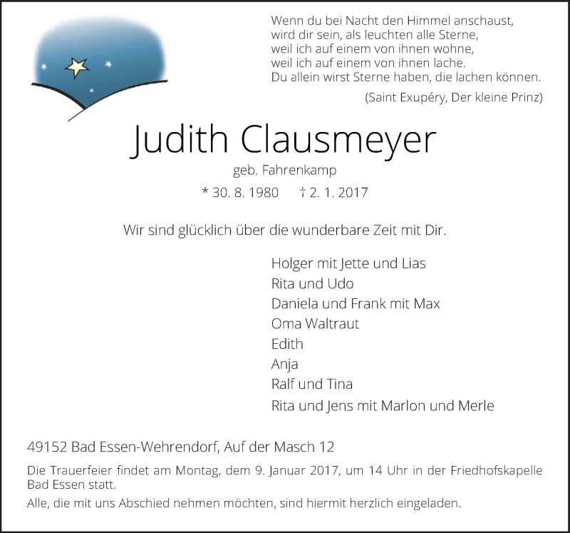  Traueranzeige für Judith Clausmeyer vom 05.01.2017 aus Neue Osnabrücker Zeitung GmbH & Co. KG