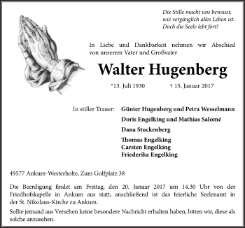 Traueranzeige von Walter Hugenberg von Neue Osnabrücker Zeitung GmbH & Co. KG