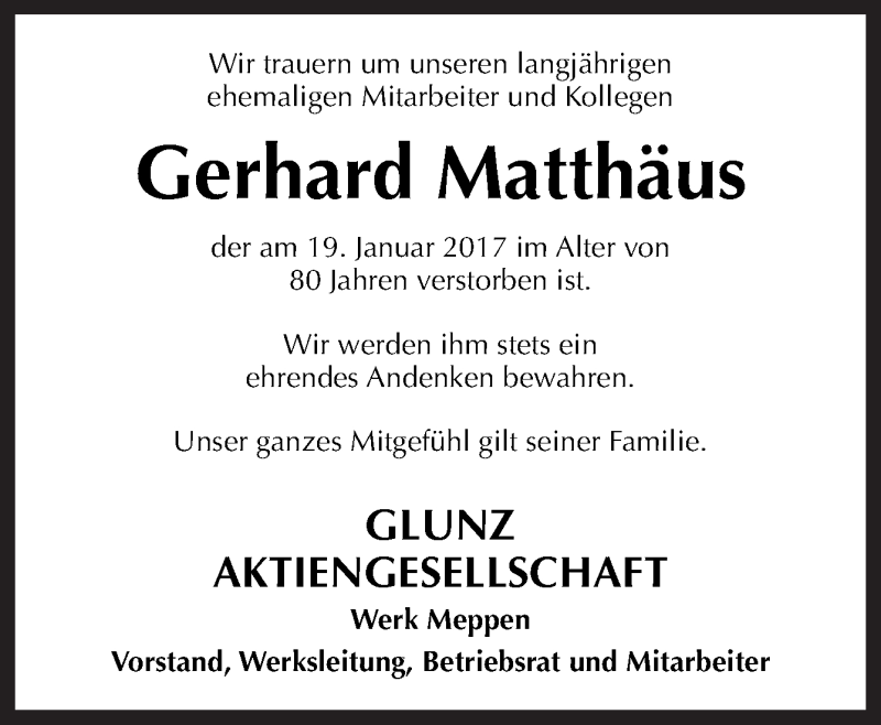 Traueranzeigen von Gerhard Matthäus noz Trauerportal