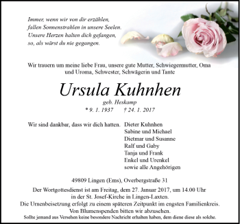 Traueranzeige von Ursula Kuhnhen von Neue Osnabrücker Zeitung GmbH & Co. KG