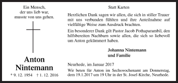 Traueranzeige von Anton Nintemann von Neue Osnabrücker Zeitung GmbH & Co. KG