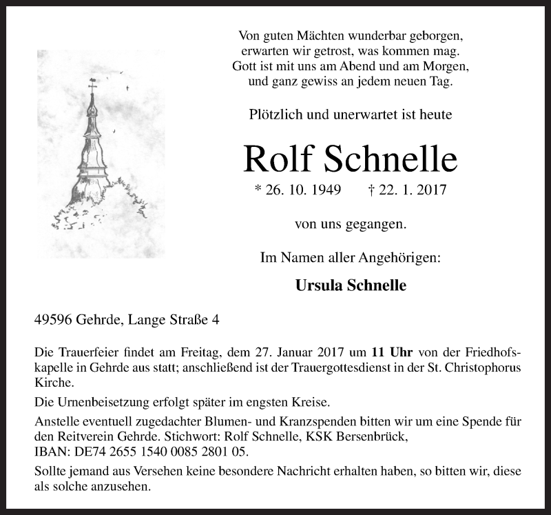  Traueranzeige für Rolf Schnelle vom 25.01.2017 aus Neue Osnabrücker Zeitung GmbH & Co. KG
