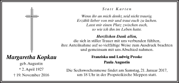 Traueranzeige von Margaretha Kopkau von Neue Osnabrücker Zeitung GmbH & Co. KG