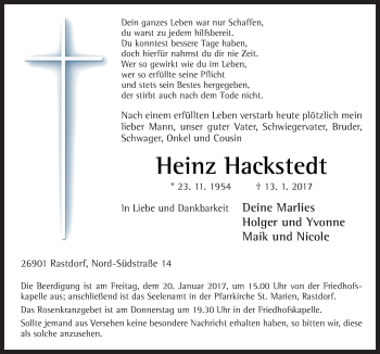 Traueranzeige von Heinz Hackstedt von Neue Osnabrücker Zeitung GmbH & Co. KG