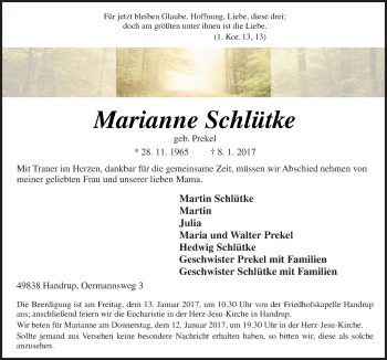 Traueranzeige von Marianne Schlütke von Neue Osnabrücker Zeitung GmbH & Co. KG