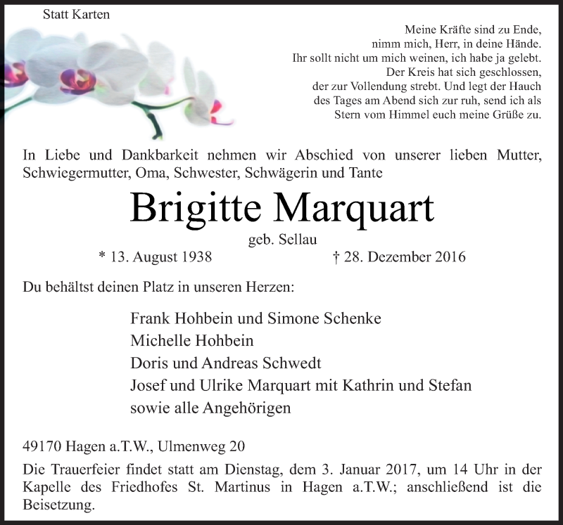  Traueranzeige für Brigitte Marquart vom 31.12.2016 aus Neue Osnabrücker Zeitung GmbH & Co. KG