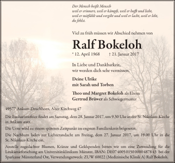 Traueranzeige von Ralf Bokeloh von Neue Osnabrücker Zeitung GmbH & Co. KG