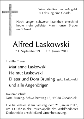 Traueranzeige von Alfred Laskowski von Neue Osnabrücker Zeitung GmbH & Co. KG