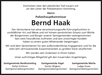 Traueranzeige von Bernd Haak von Neue Osnabrücker Zeitung GmbH & Co. KG