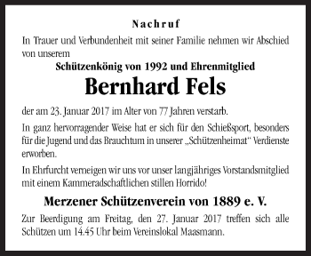Traueranzeige von Bernhard Fels von Neue Osnabrücker Zeitung GmbH & Co. KG