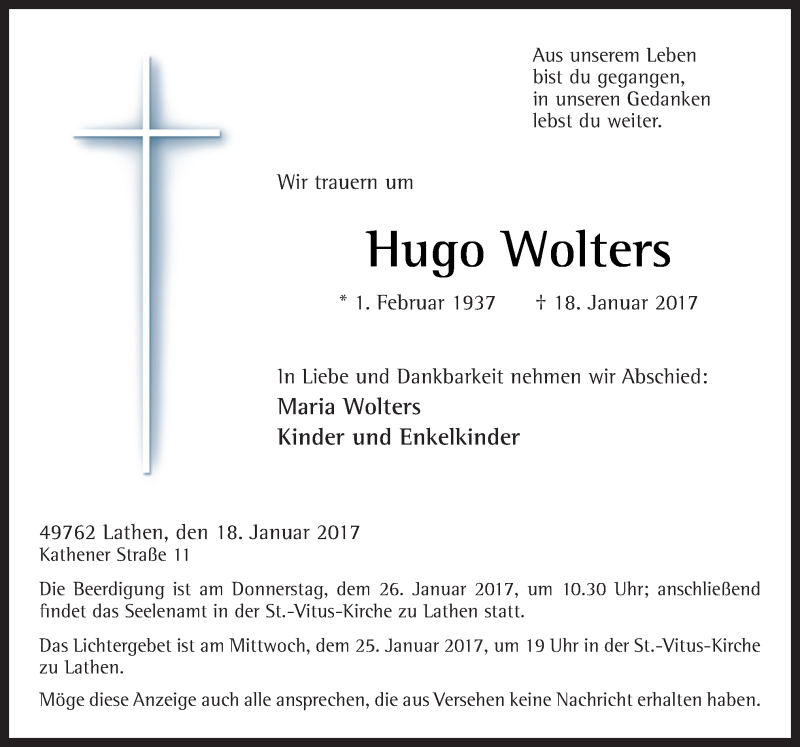  Traueranzeige für Hugo Wolters vom 21.01.2017 aus Neue Osnabrücker Zeitung GmbH & Co. KG
