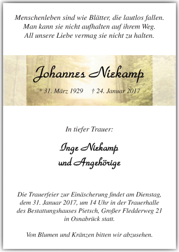 Traueranzeige von Johannes Niekamp von Neue Osnabrücker Zeitung GmbH & Co. KG