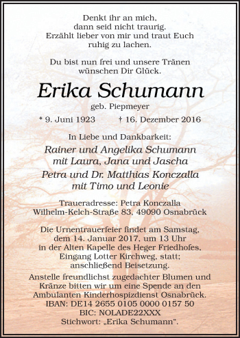 Traueranzeige von Erika Schumann von Neue Osnabrücker Zeitung GmbH & Co. KG