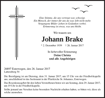 Traueranzeige von Johann Brake von Neue Osnabrücker Zeitung GmbH & Co. KG