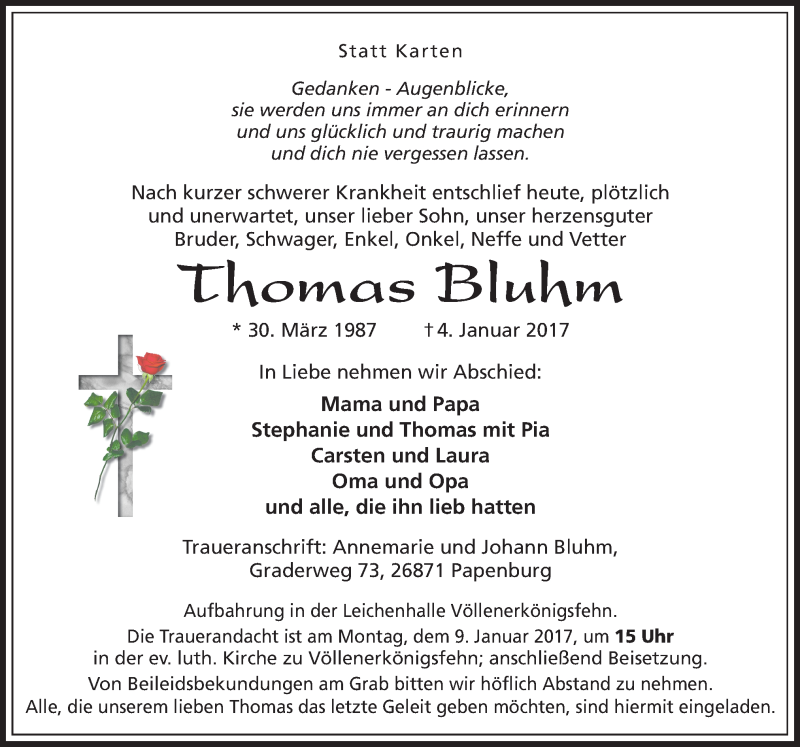  Traueranzeige für Thomas Bluhm vom 06.01.2017 aus Neue Osnabrücker Zeitung GmbH & Co. KG