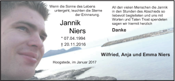 Traueranzeige von Jannik Niers von Neue Osnabrücker Zeitung GmbH & Co. KG