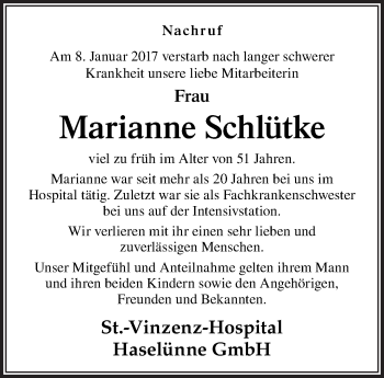 Traueranzeige von Marianne Schlütke von Neue Osnabrücker Zeitung GmbH & Co. KG