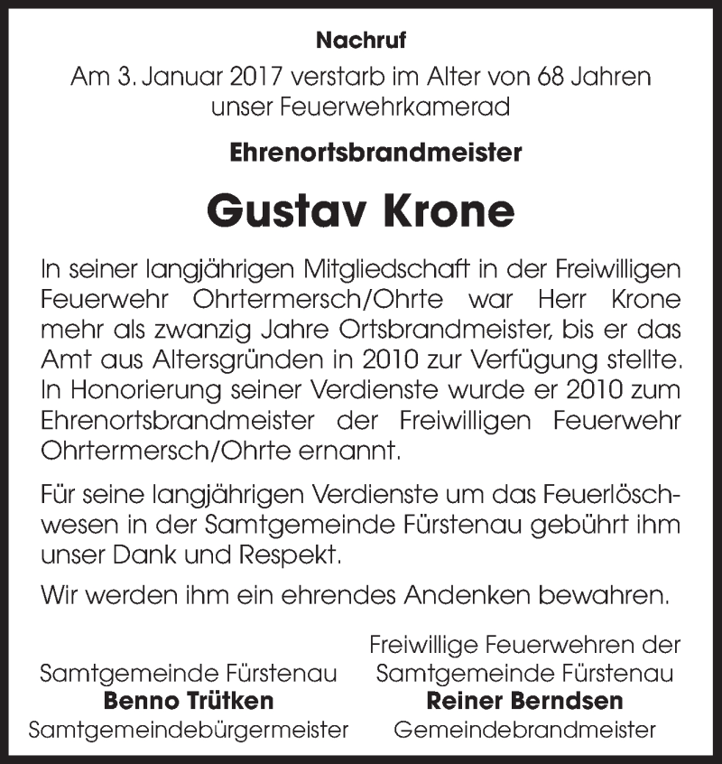  Traueranzeige für Gustav Krone vom 07.01.2017 aus Neue Osnabrücker Zeitung GmbH & Co. KG