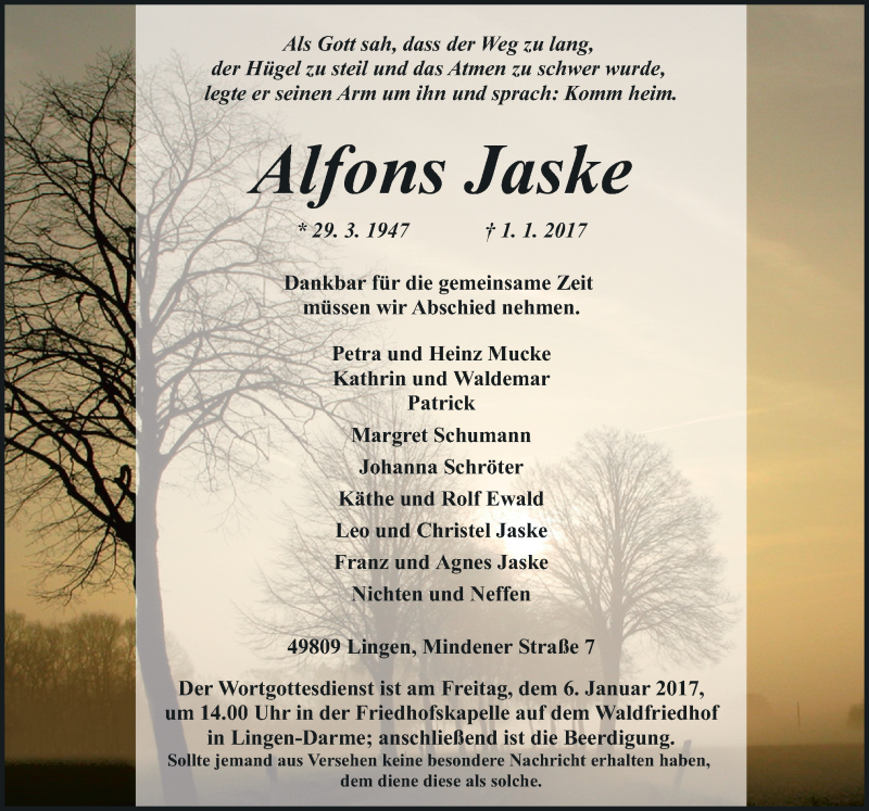  Traueranzeige für Alfons Jaske vom 04.01.2017 aus Neue Osnabrücker Zeitung GmbH & Co. KG